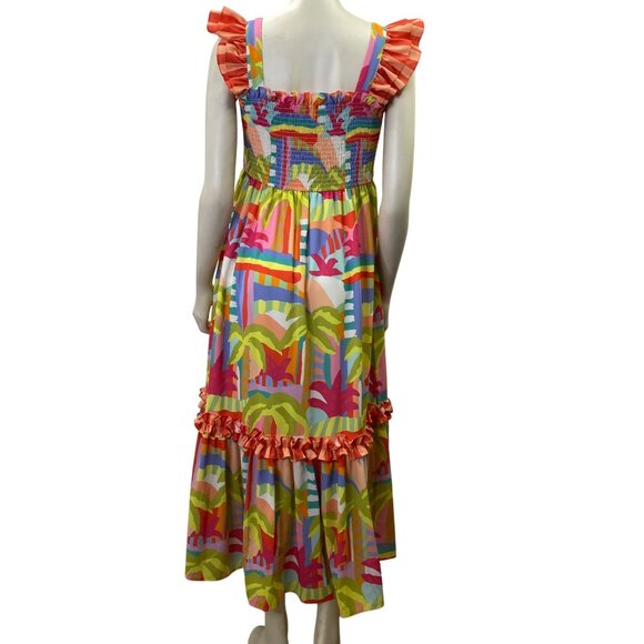 Crosby by Mollie Burch Colorful Smocked Maxi Dress Ruffled Straps & Hem Md - Picture 7 of 10